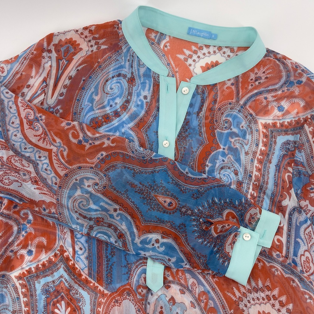 J. McLaughlin Paisley‎ Silk Blouse Top Long Sleeve Size 8 Sheer